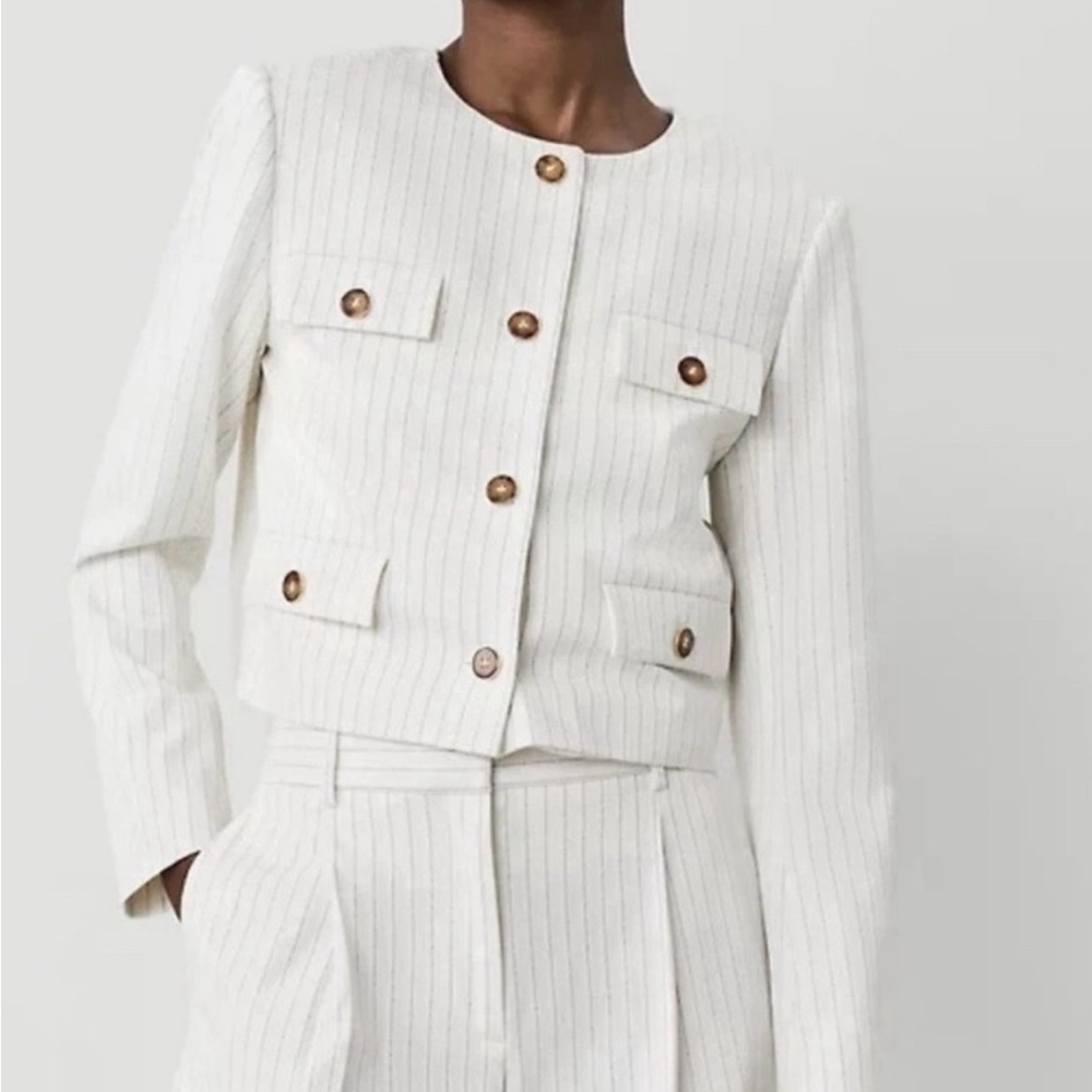 Ann Taylor White Pinstripe Cropped Button Jacket NWT